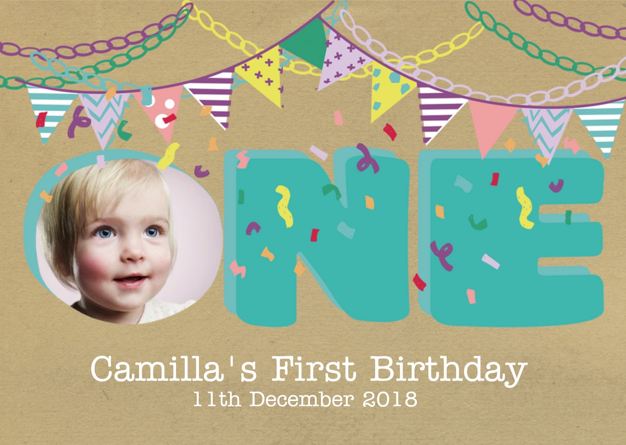 Moonpig Colourful Bunting Photo Upload 1st Birthday Party Invitation, standard Card