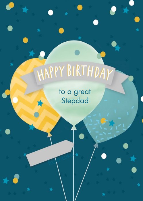 Illustration Of A Banner And Balloons Surrounded By Colourful Confetti Stepdad's Birthday Card