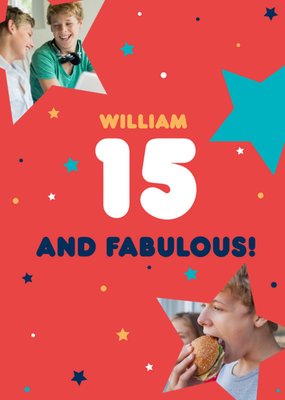 Double Photo Upload Typographic 15 and Fabulous Birthday Card