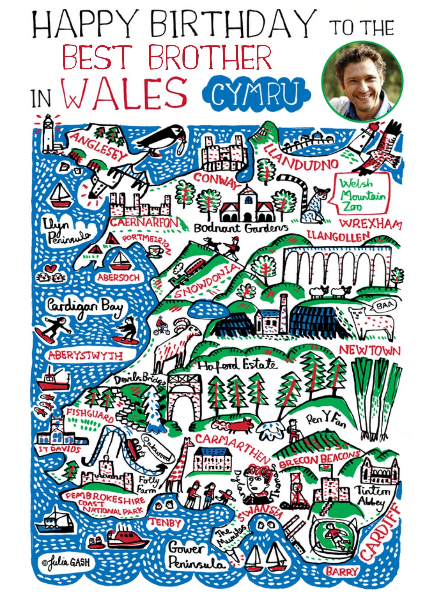 Moonpig Vibrant Collage Illustration Of Wales Photo Upload Birthday Card Ecard