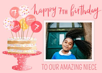 Okey Dokey Illustrated Birthday Cake And Balloons Niece Photo Upload 7th Birthday Card