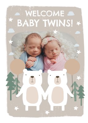 Sweet Welcome Baby Illustrated Twin Polar Bears In The Woods Holding Balloons Photo Upload New Baby Card