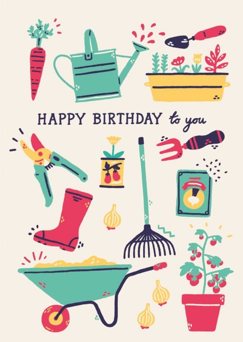 Happy Birthday Gardening Illustration Card