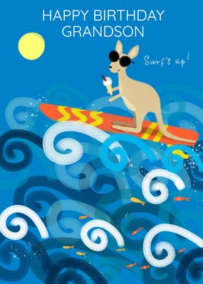 Surfs Up Illustrated Kangaroo Surfing Birthday Card