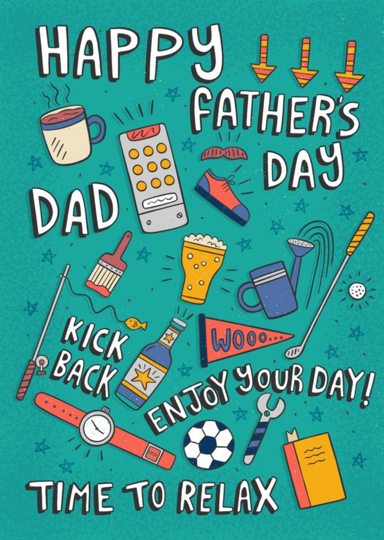 Moonpig Cute Illustrations Happy Fathers Day Kick Back Enjoy Your Day Time To Relax Card, Large