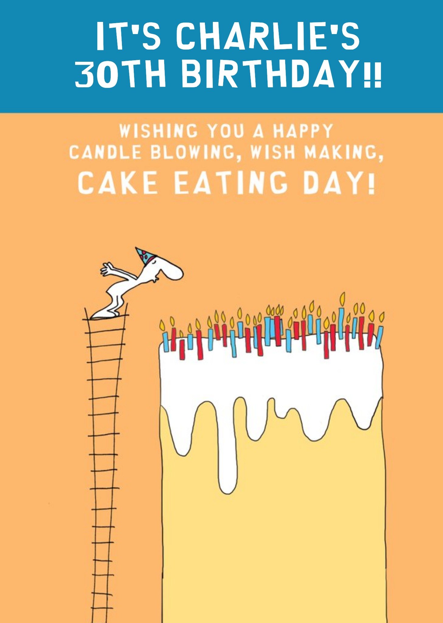 Illustration Of A Character Blowing Out Candles On A Very Large Cake Thirtieth Birthday Card Ecard