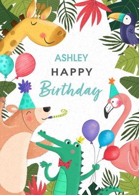 Floral Framed Animals Celebrating A Birthday Personalised Name Card