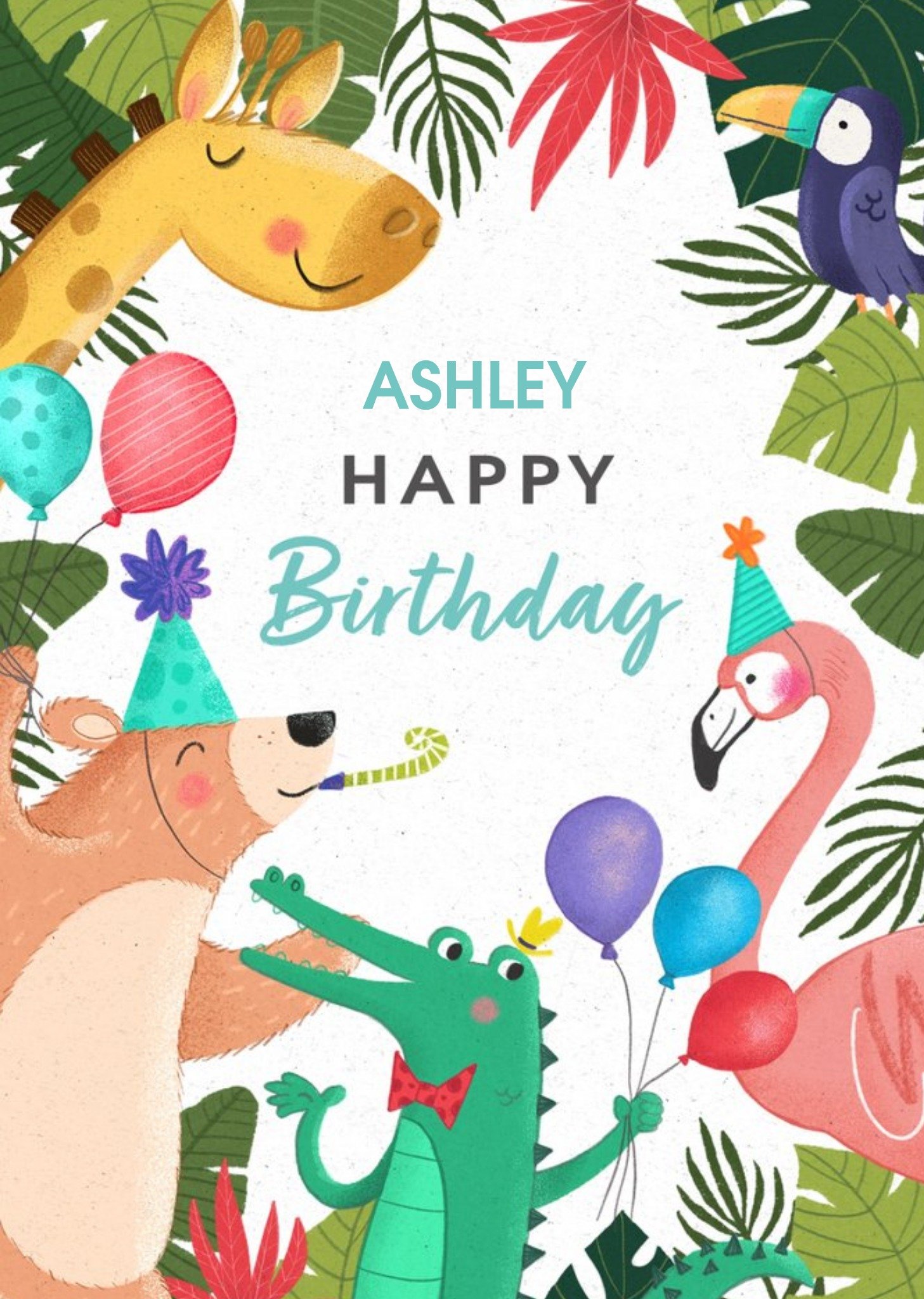 Floral Framed Animals Celebrating A Birthday Personalised Name Card Ecard