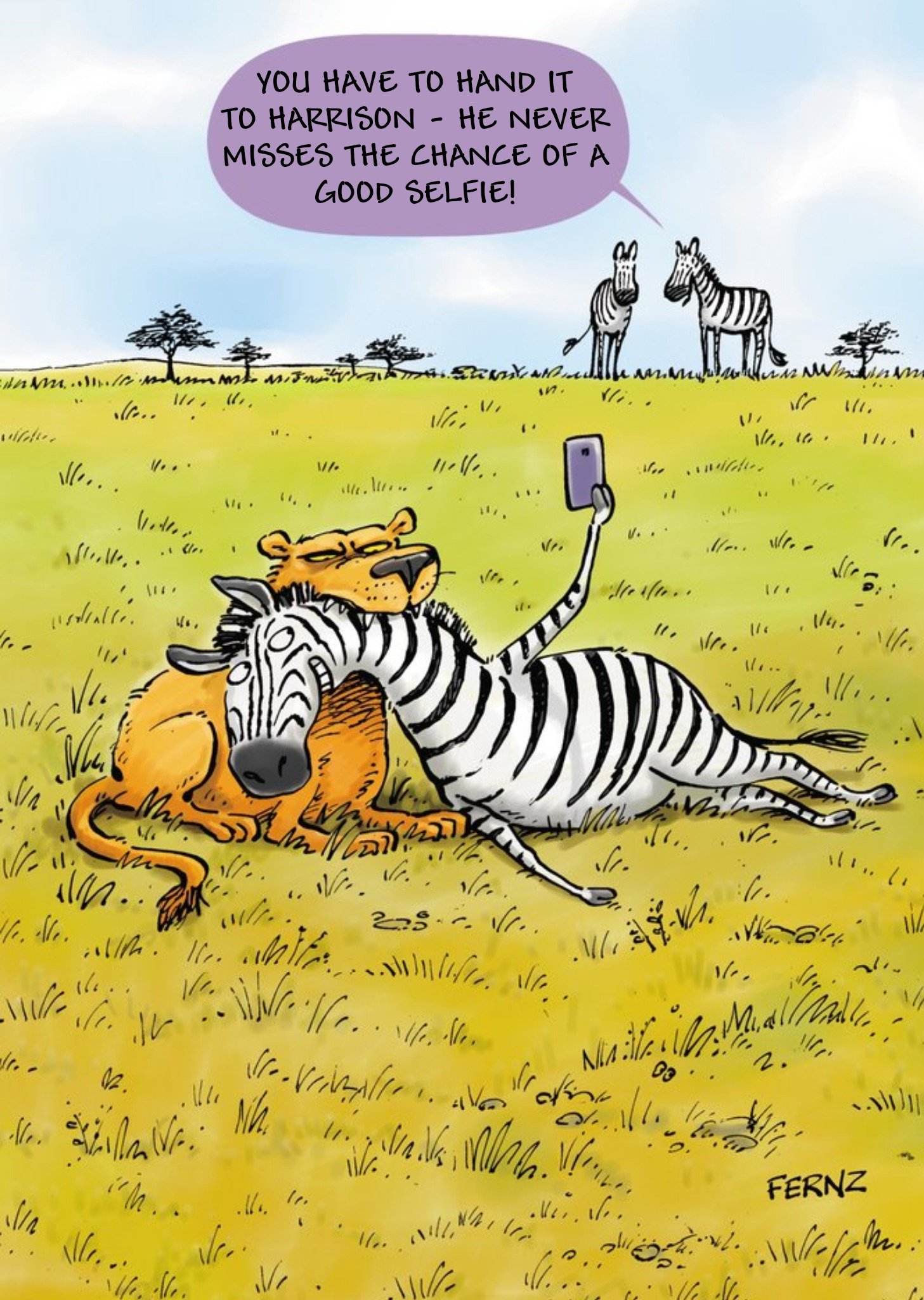 Cartoon Safari Doesn't Miss A Selfie Funny Card Ecard