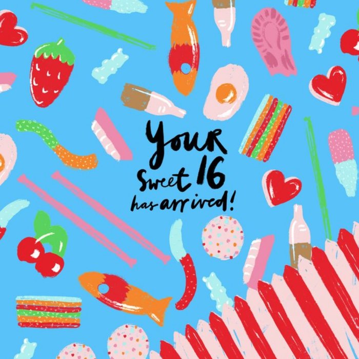Illustration Of Sweets Surrounding Handwritten Typography Sweet 16 Birthday Card