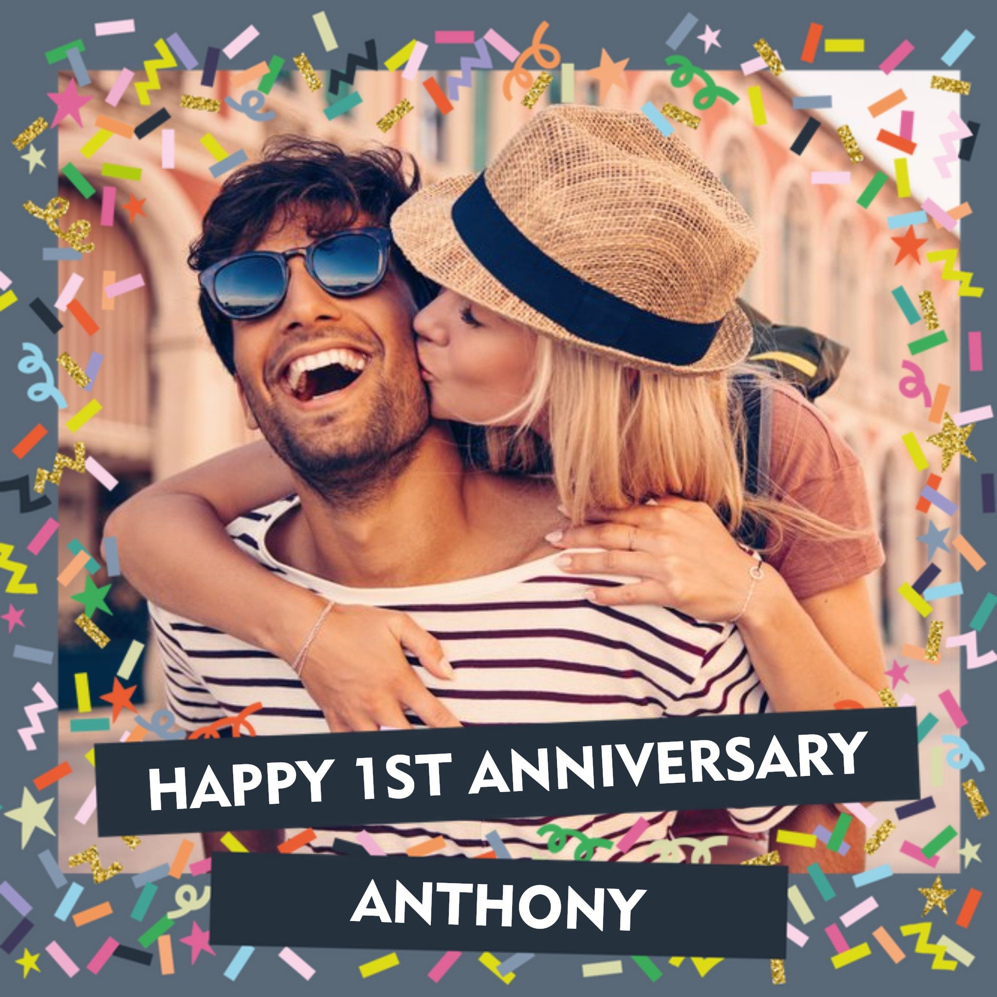 Colourful Confetti Photo Upload 1st Anniversary Card, Square