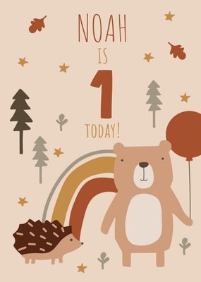 Sweet Hedgehog And Bear Illustrated 1st Birthday Card