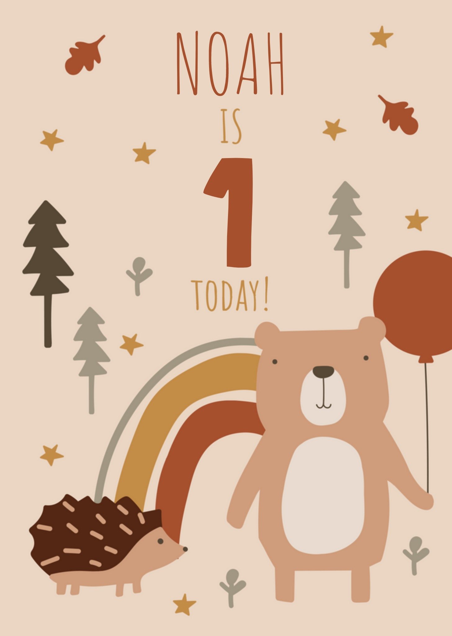 Moonpig Sweet Hedgehog And Bear Illustrated 1st Birthday Card, Large