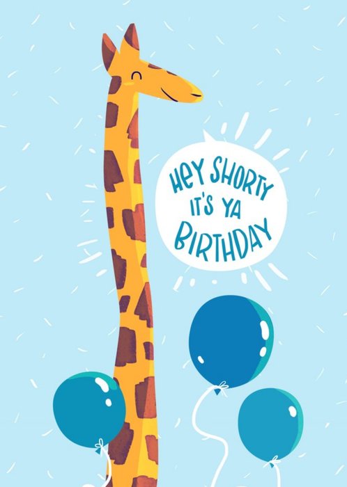 Illustration Of A Giraffe With Balloon On An Blue Background Hey Shorty Birthday Card