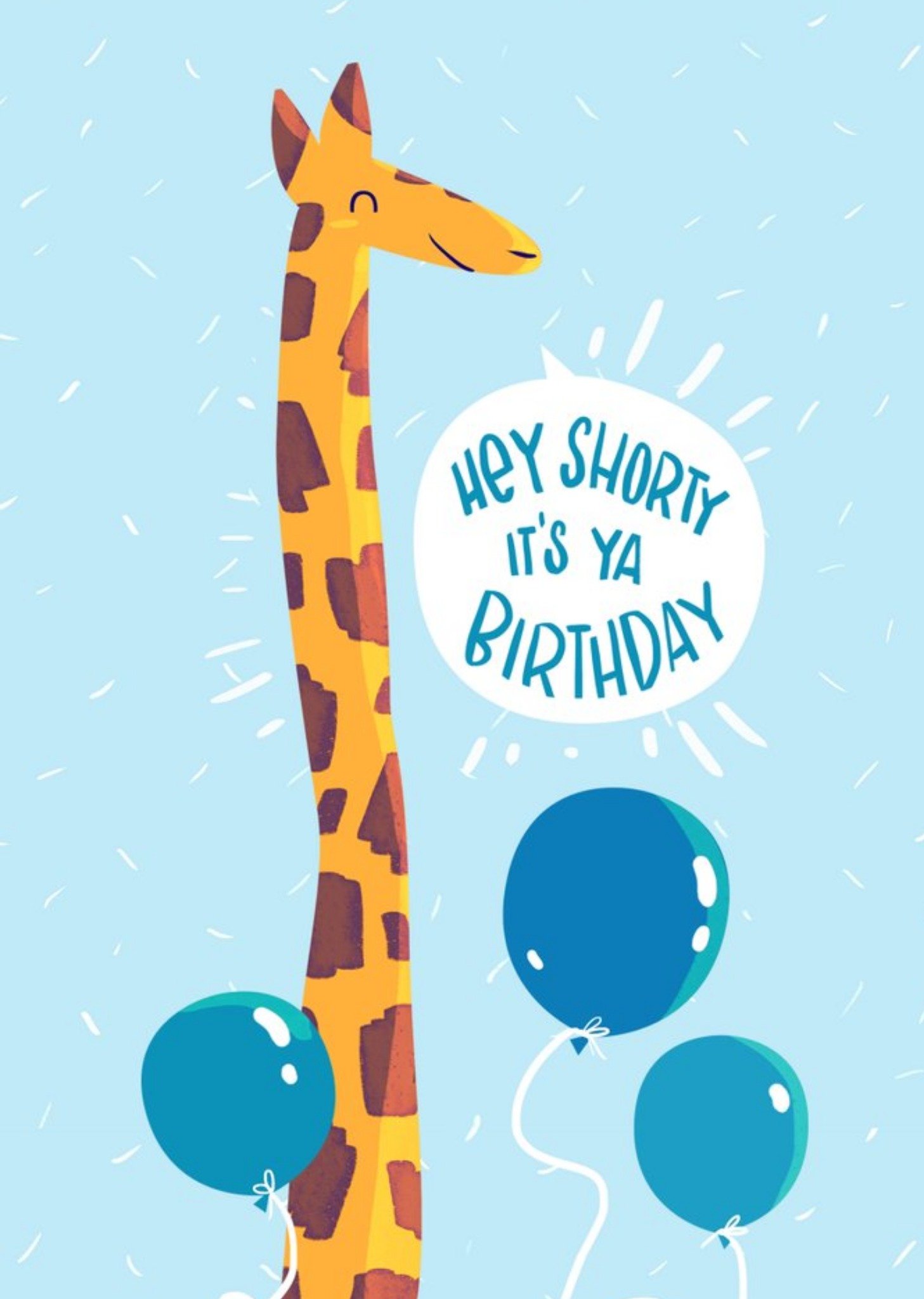 Moonpig Illustration Of A Giraffe With Balloon On An Blue Background Hey Shorty Birthday Card Ecard
