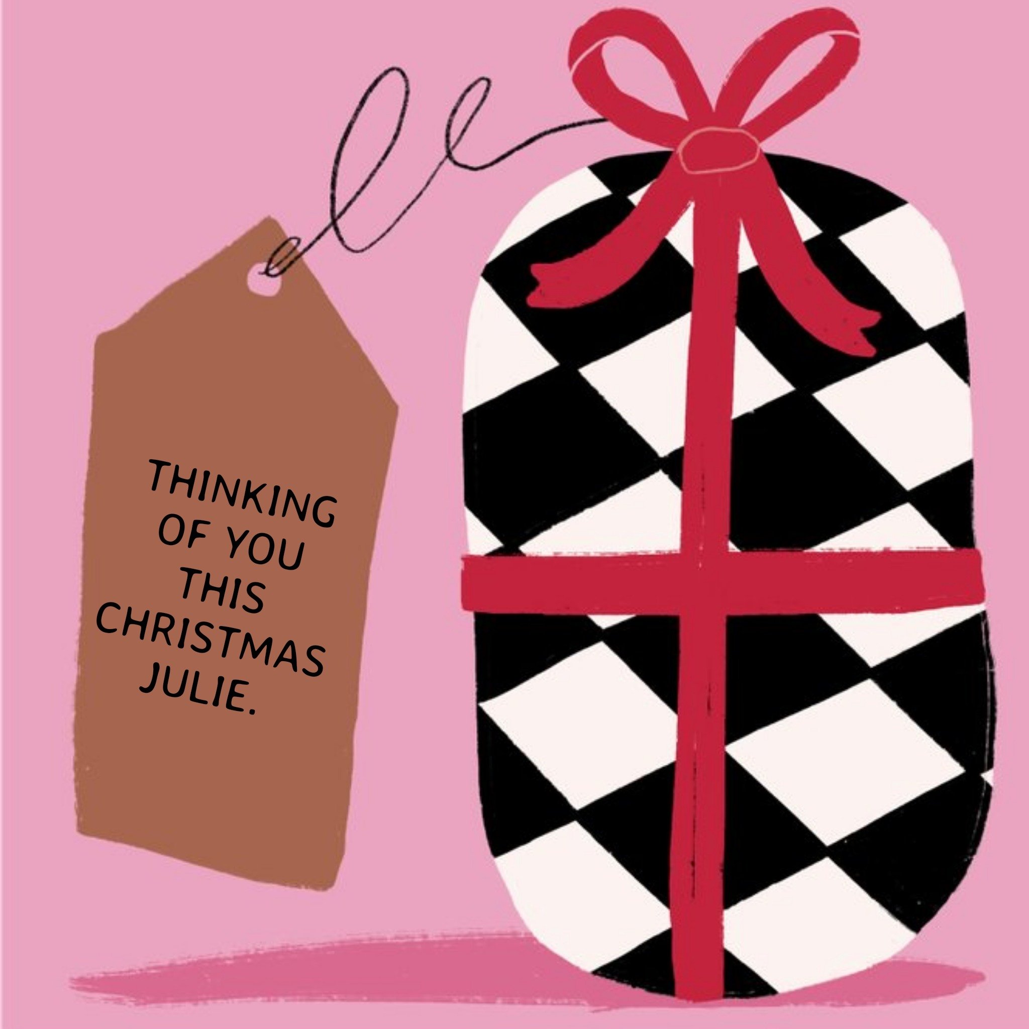 Illustration Of A Present With A Chequered Pattern And Tag Christmas Card, Square