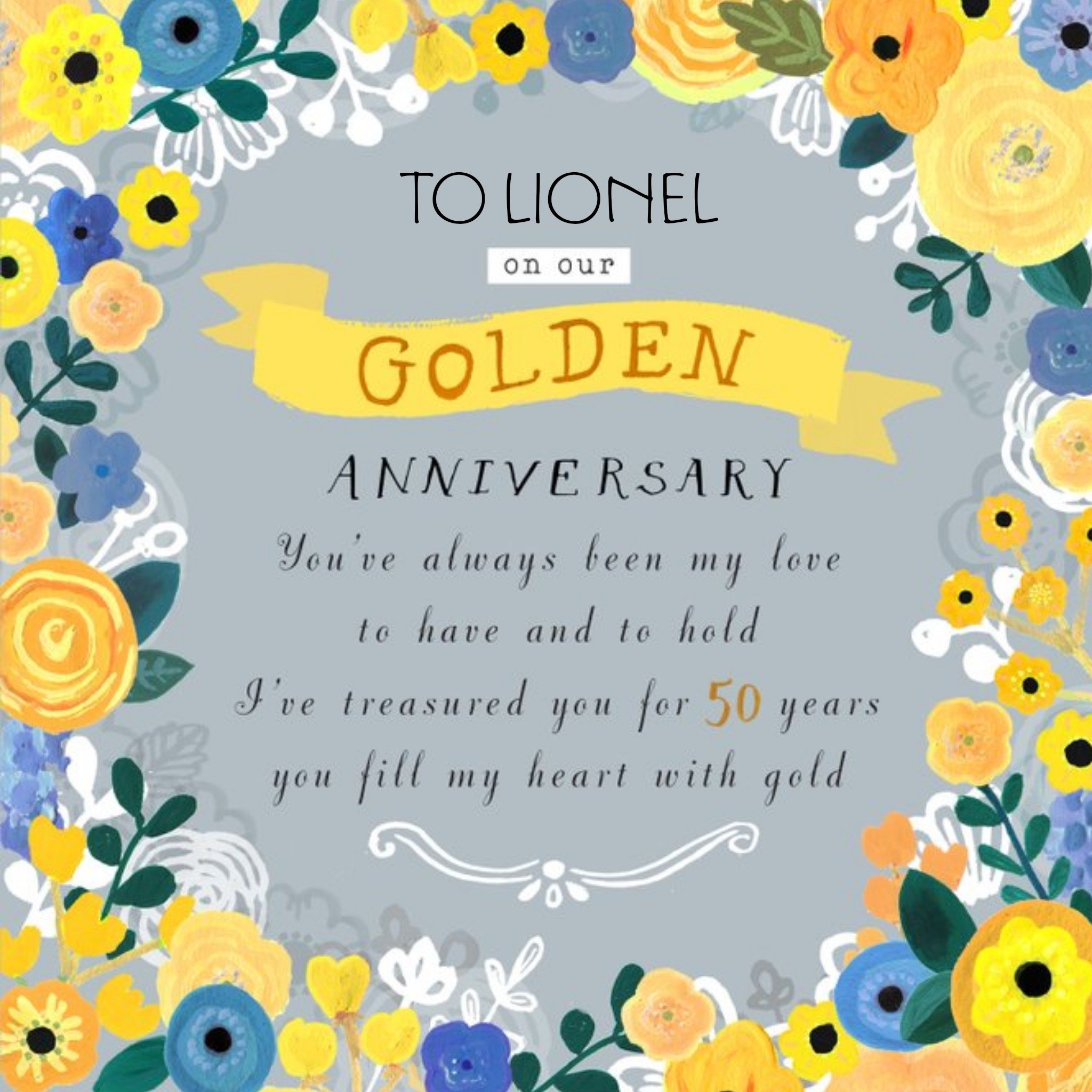 Sunshine Yellow Flowers Personalised Golden Anniversary Card, Square