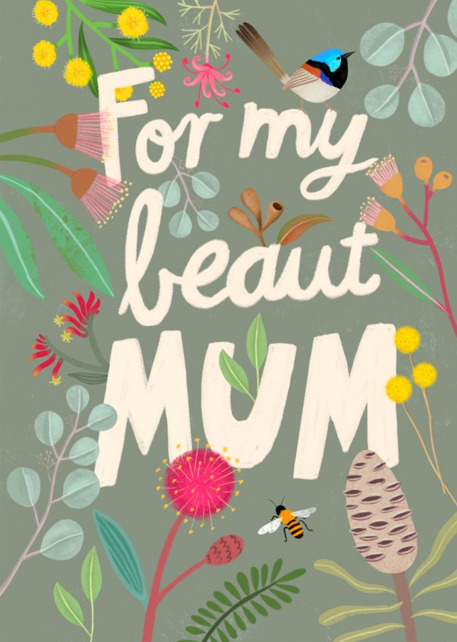 Moonpig Cat Macinnes Cute Illustrated Floral Typographic Mum Card, Large