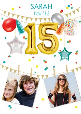 Party Themed Display Of Balloons With Two Photo Uploads Fifteenth Birthday Card