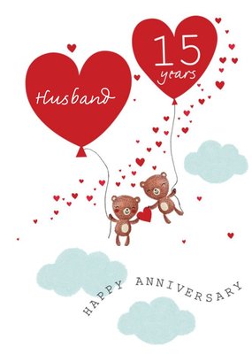 Illustrated Teddy Bears with Heart Balloons Customisable 15th Anniversary Card