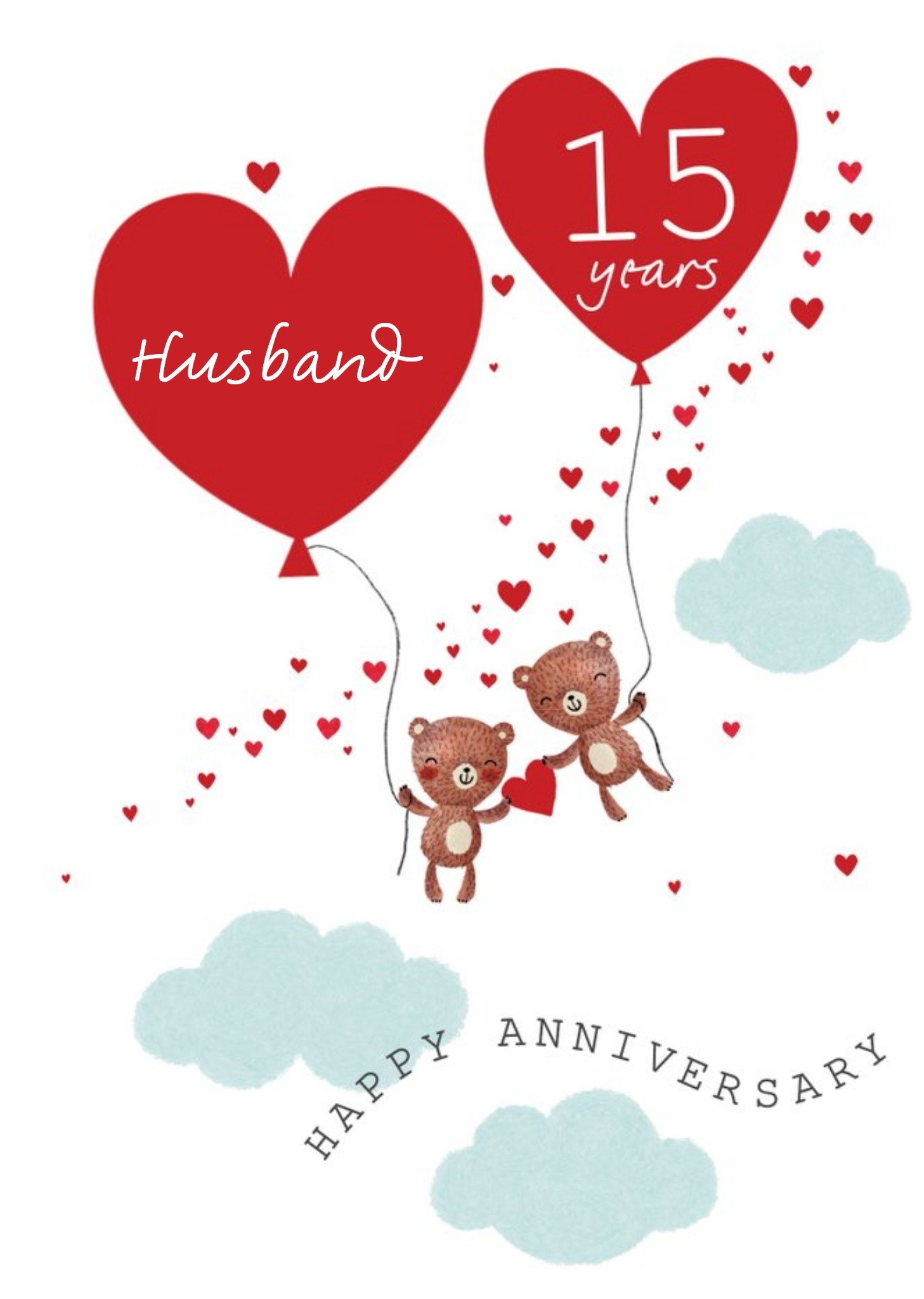 Moonpig Illustrated Teddy Bears With Heart Balloons Customisable 15th Anniversary Card Ecard