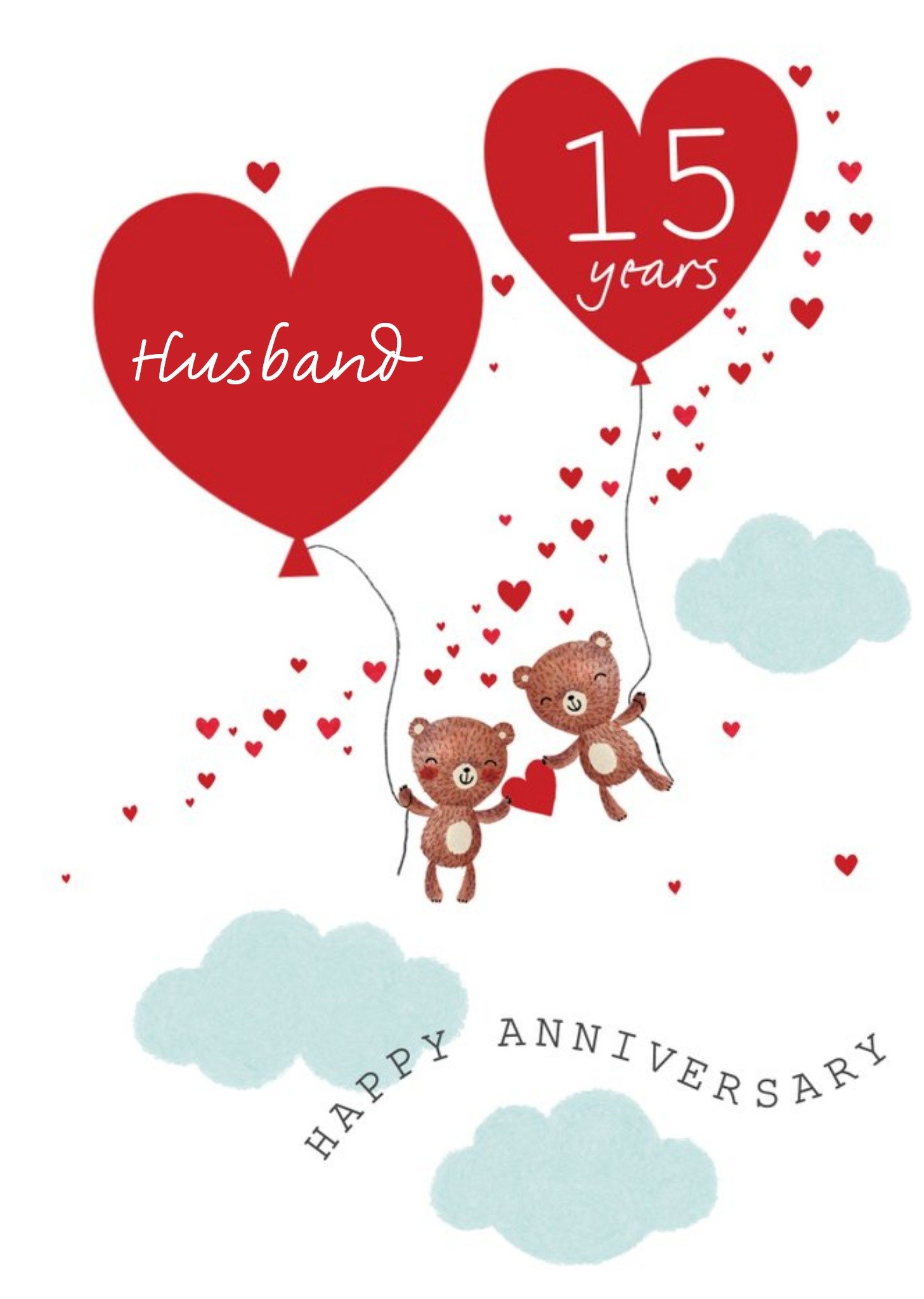 Illustrated Teddy Bears With Heart Balloons Customisable 15th Anniversary Card