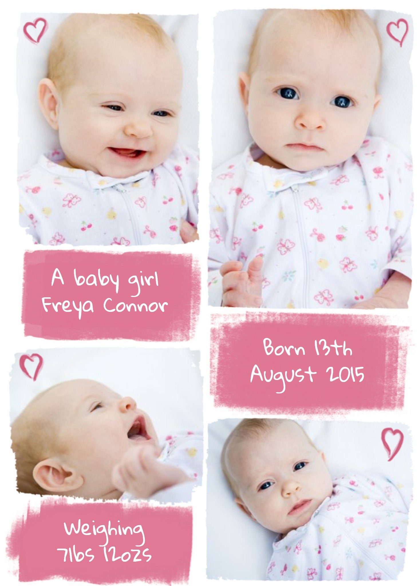 Moonpig Little Hearts Personalised Photo Upload Baby Girl Card, Large