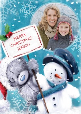 Tatty Teddy With Snowman Snowflakes Personalised Photo Upload Merry Christmas Card