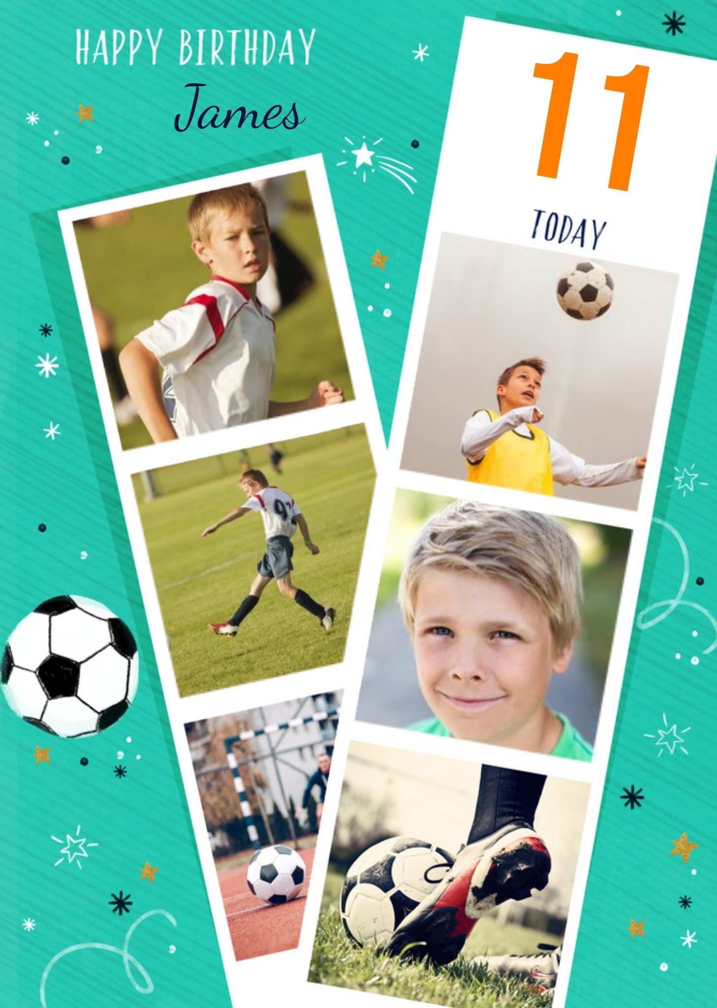 Colette Barker Green Illustrated Football Doodle Customisable Photo Strip Birthday Card Ecard