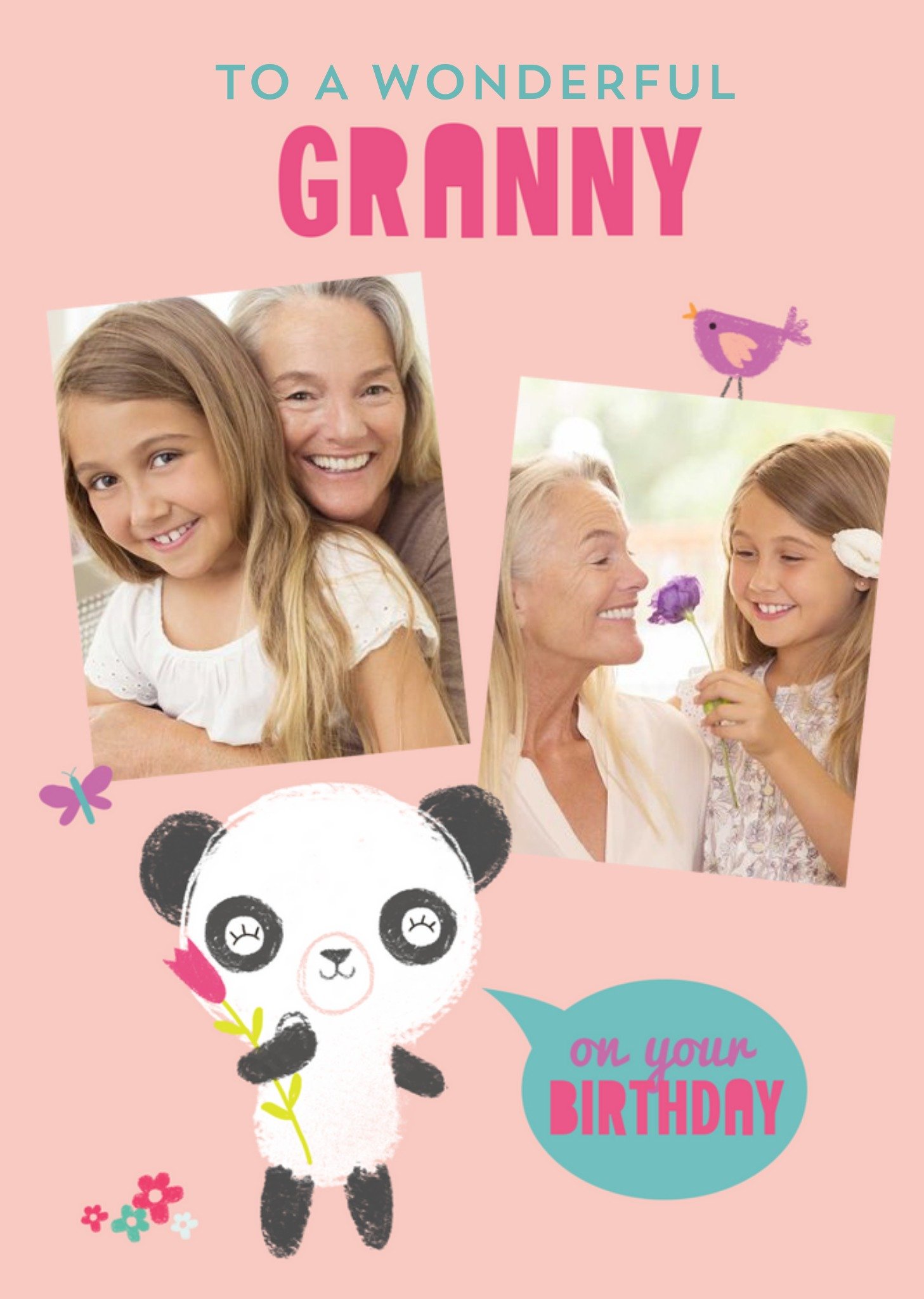 Moonpig Cute Illustration Of A Panda With Two Photo Frames Granny's Photo Upload Birthday Card, Larg