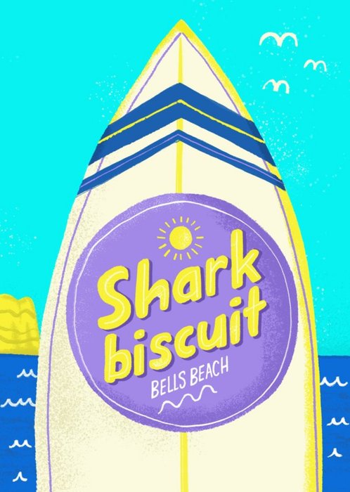 Vibrant Illustration Of A Surf Board With A Logo Shark Biscuit Card