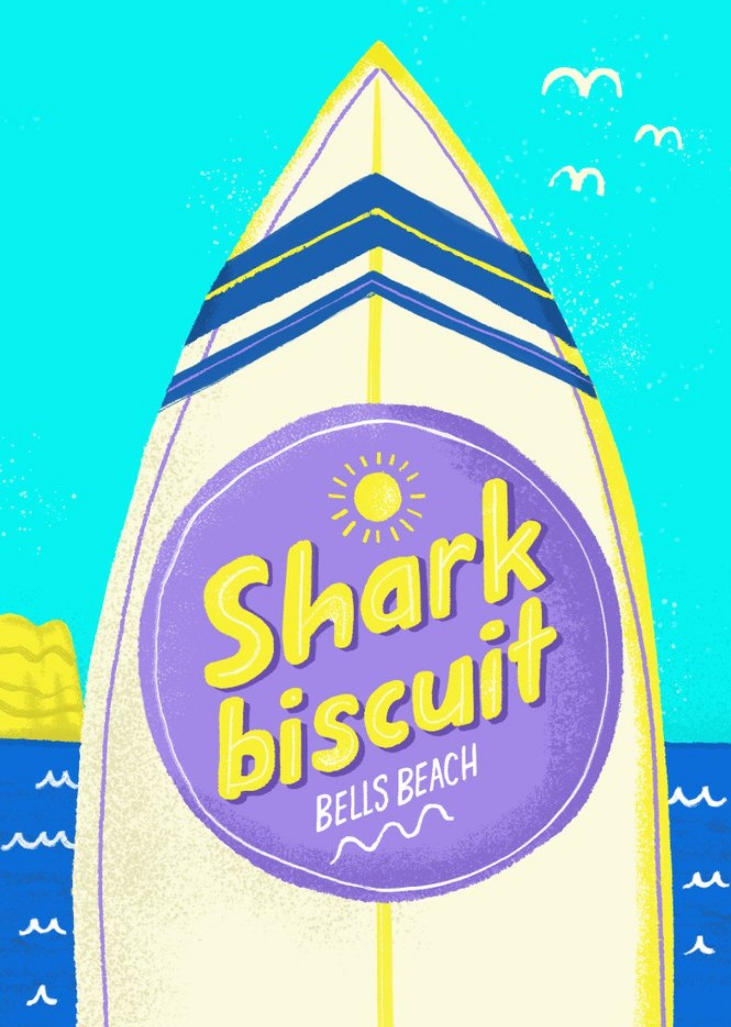 Vibrant Illustration Of A Surf Board With A Logo Shark Biscuit Card Ecard