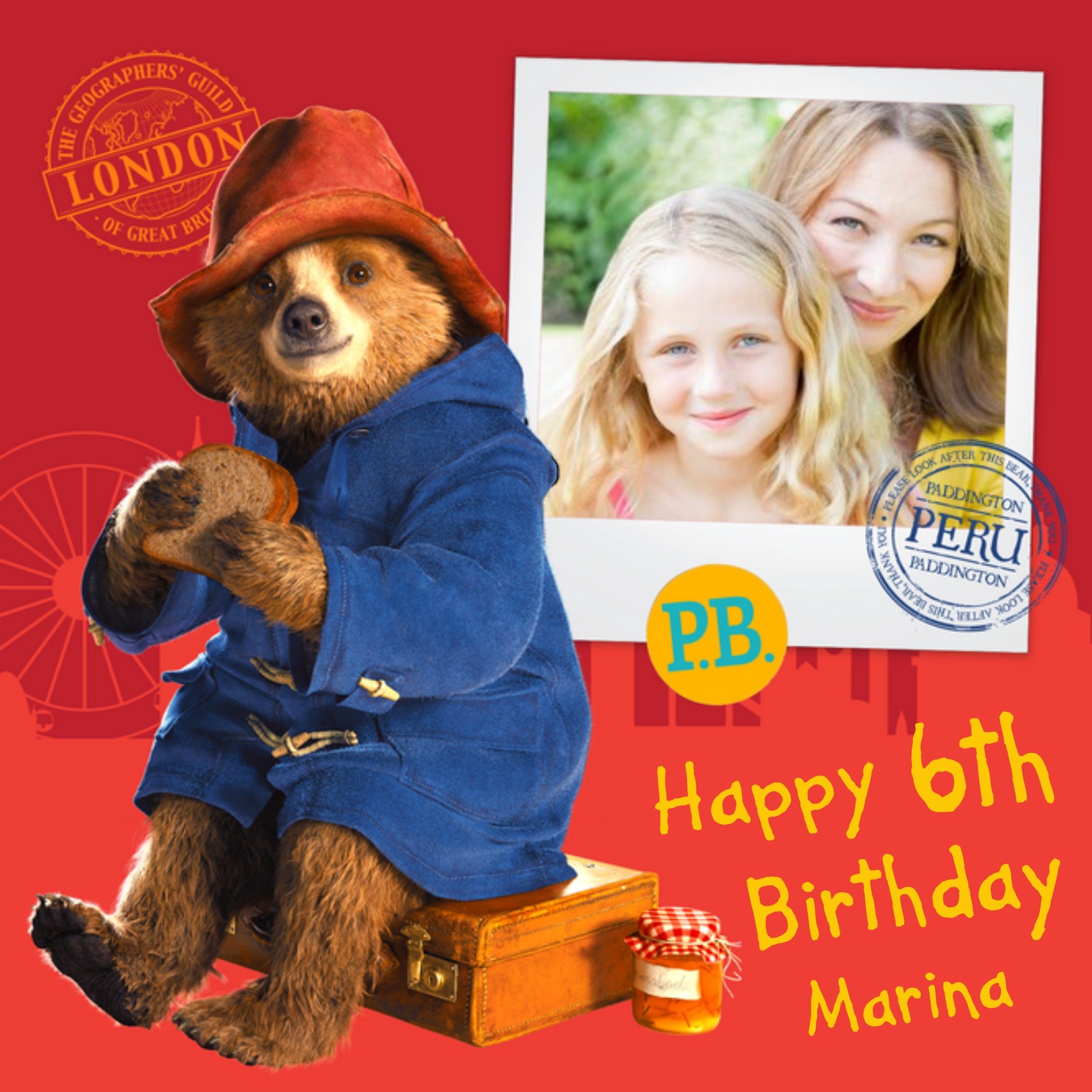 Paddington Bear With Sandwich Personalised Photo Upload Happy 6th Birthday Card, Large