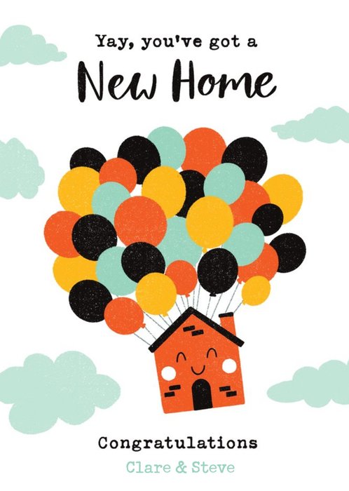 Bright Illustration Of A Floating Happy House. Yay You've Got A New Home Card