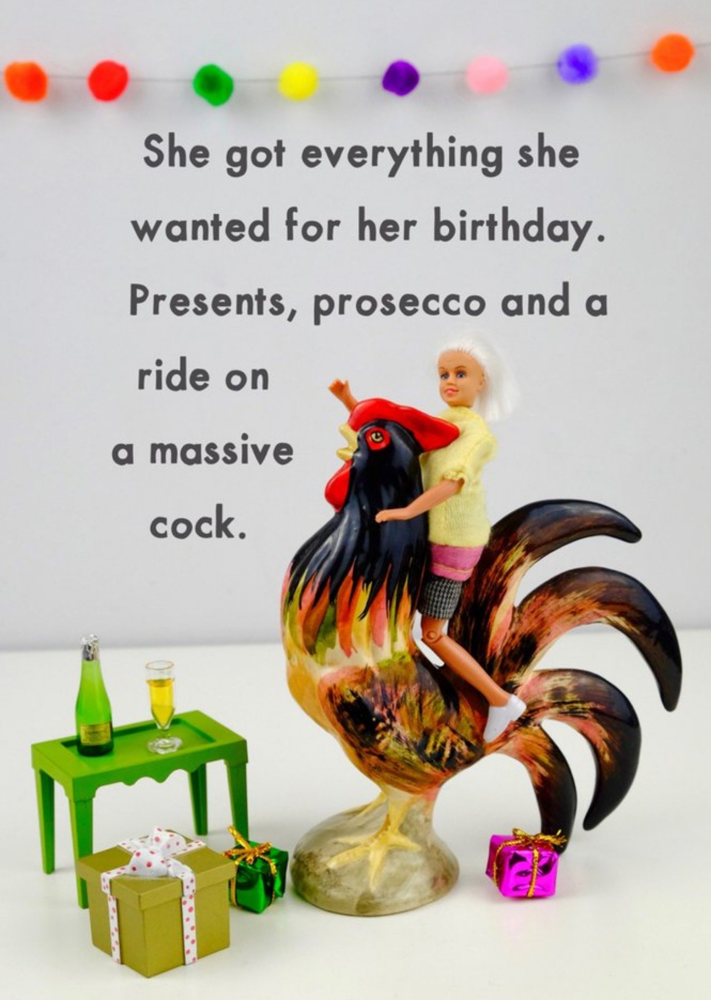 Bold And Bright Funny Dolls Presents Prosecco Cockerel Rude Birthday Card, Large