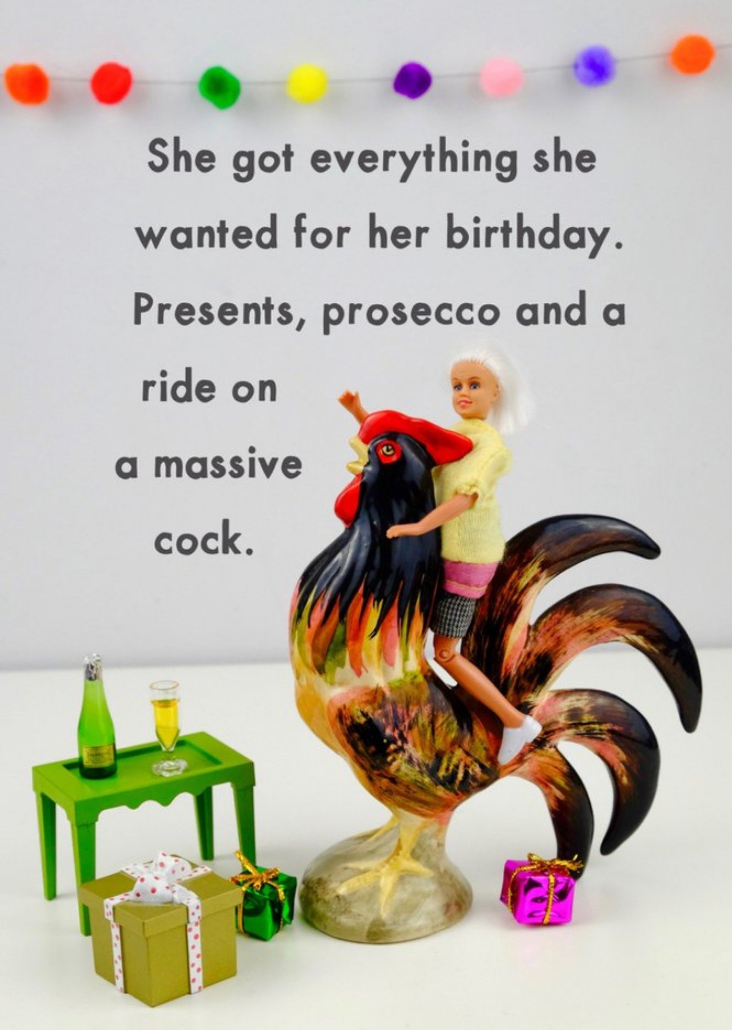 Bold And Bright Funny Dolls Presents Prosecco Cockerel Rude Birthday Card