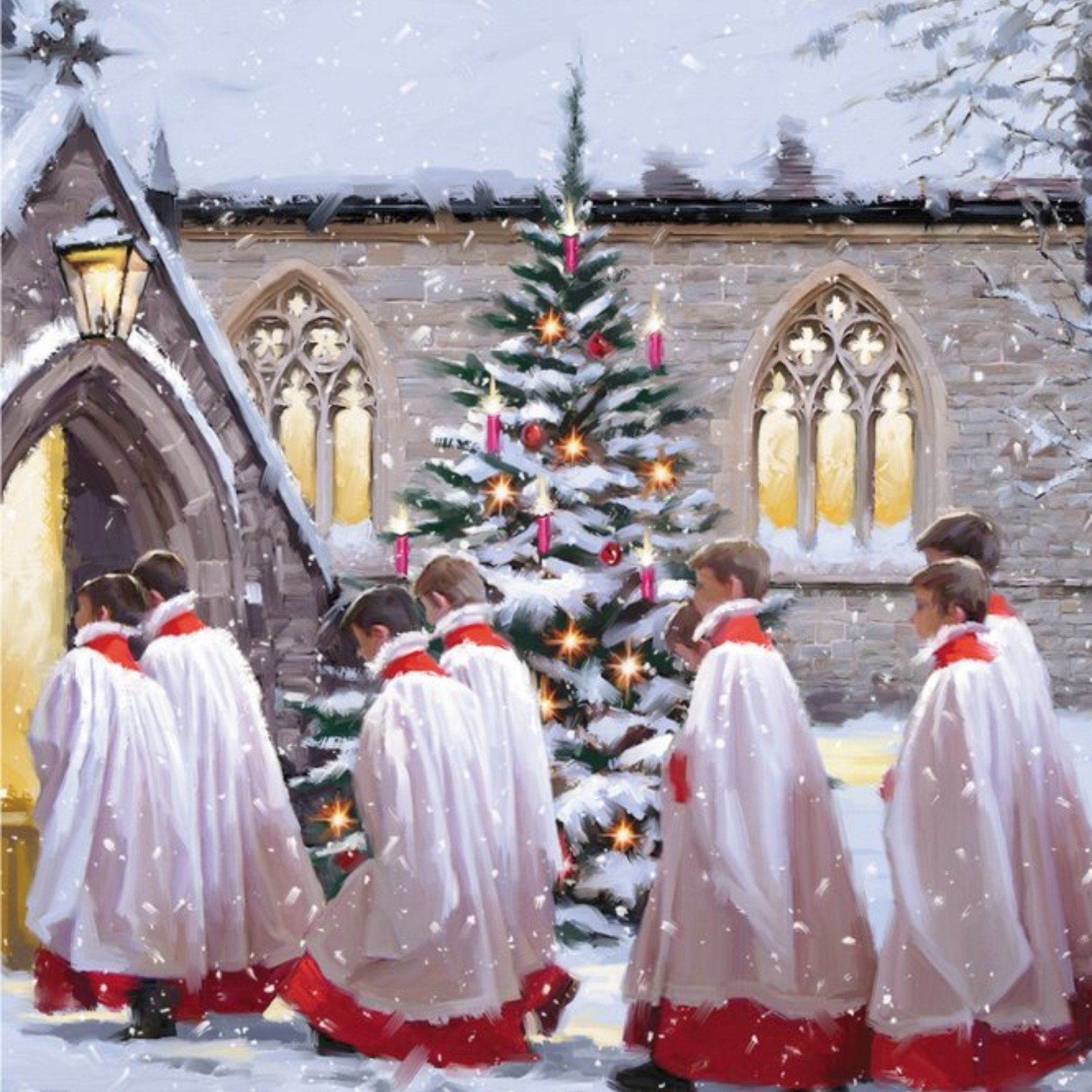 Choir Boys At Church Painted Christmas Card, Square