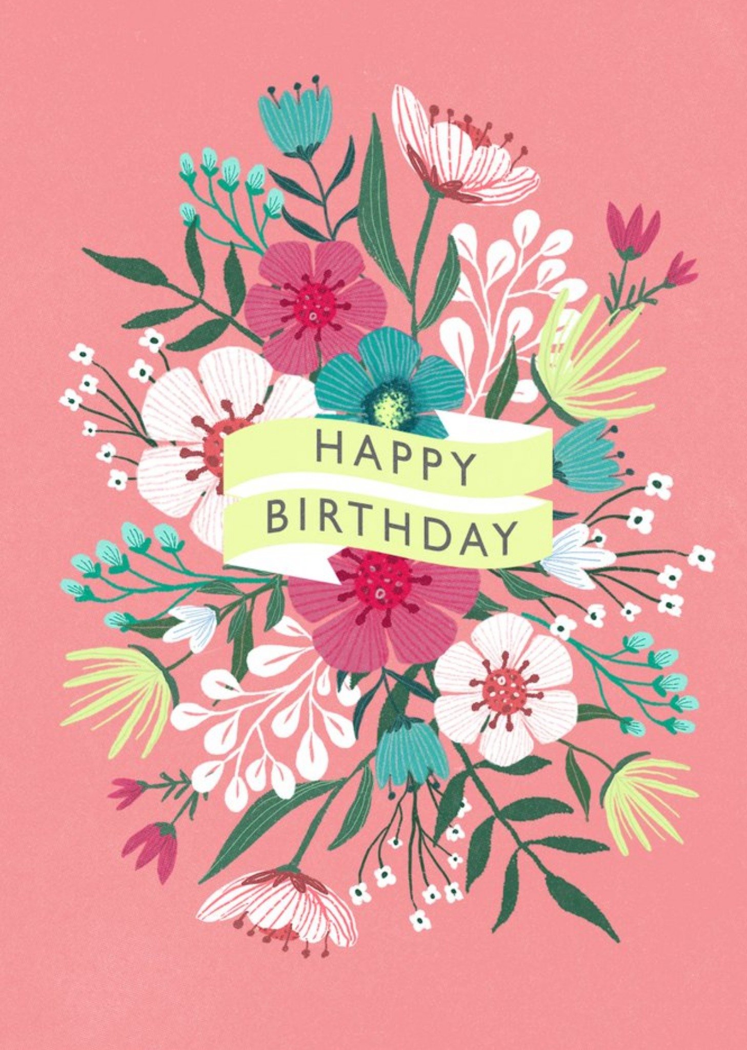 Moonpig Happy Birthday Banner Floral Pink Card, Large