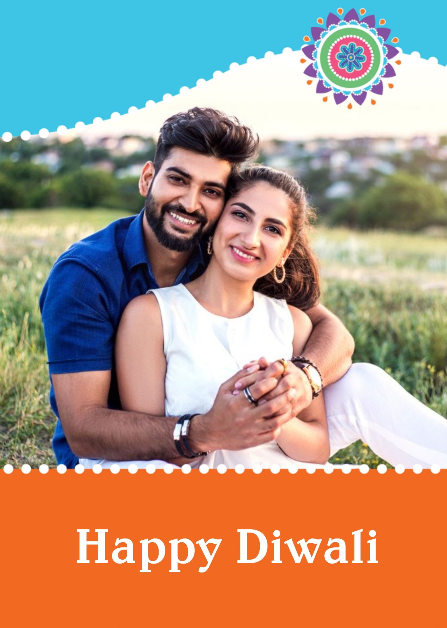 Bright Blue And Orange Happy Diwali Photo Card Ecard