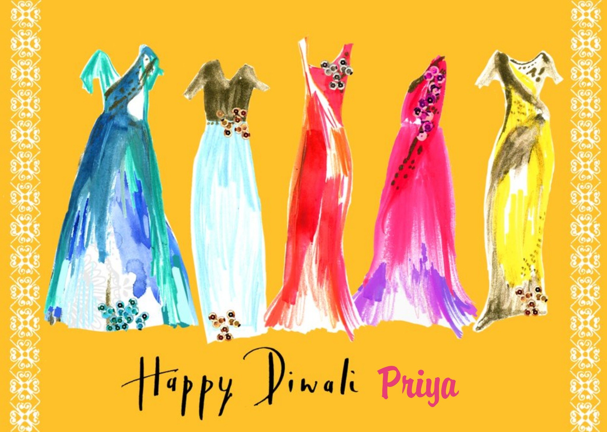 Moonpig Bright Watercolour Dresses Personalised Happy Diwali Card Ecard