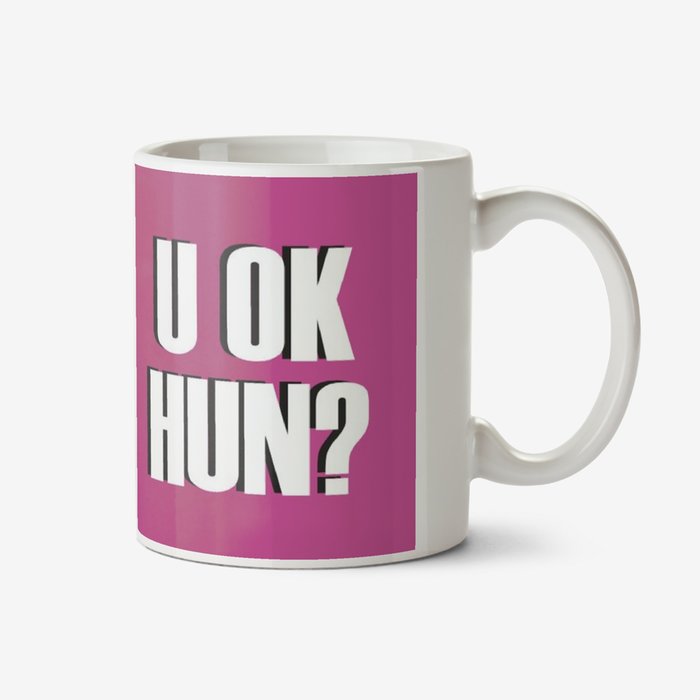 Pink typographic mug with a caption that reads U OK Hun?