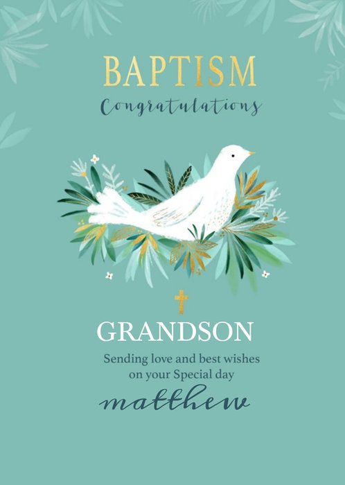 Illustrated Dove Typographic Green Baptism Card