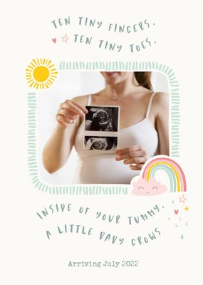 Illustration Of The Sun A Smiling Cloud And A Rainbow Dashed Border Photo Upload Pregnancy Card