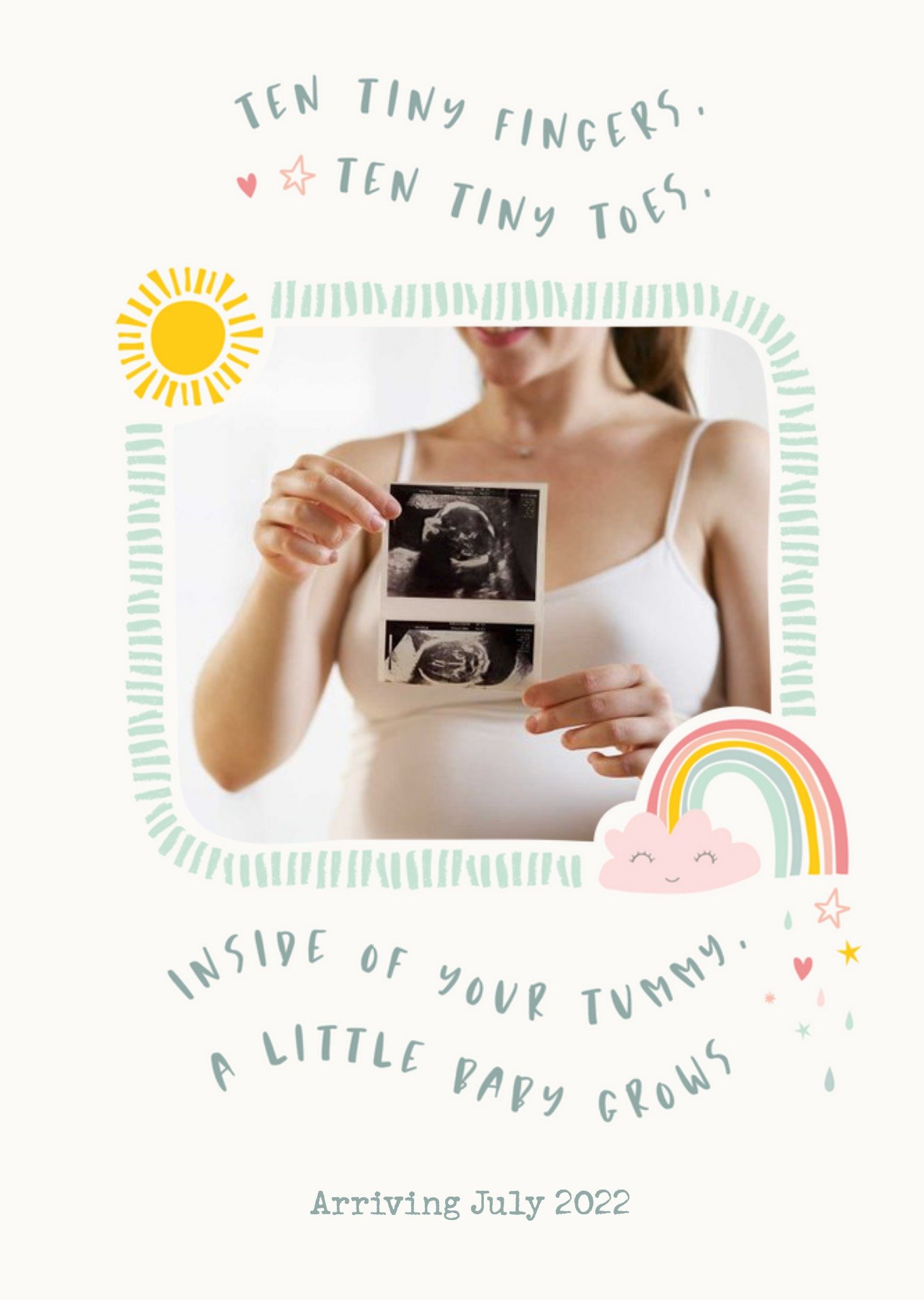 Illustration Of The Sun A Smiling Cloud And A Rainbow Dashed Border Photo Upload Pregnancy Card Ecard