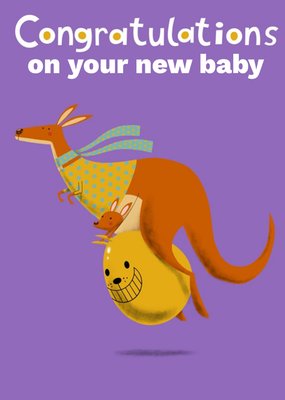 Purple Illustrated Kangaroo and Joey New Baby Congratulations Card