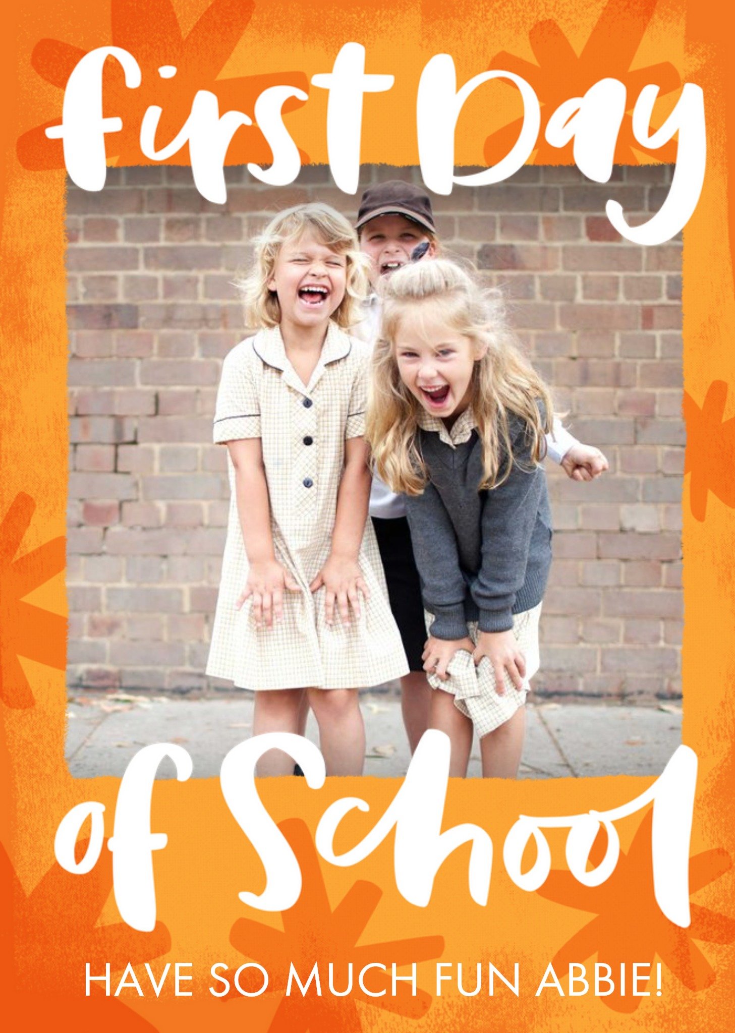 Handwritten Typography On An Orange Star Patterned Background First Day Of School Photo Upload Card Ecard