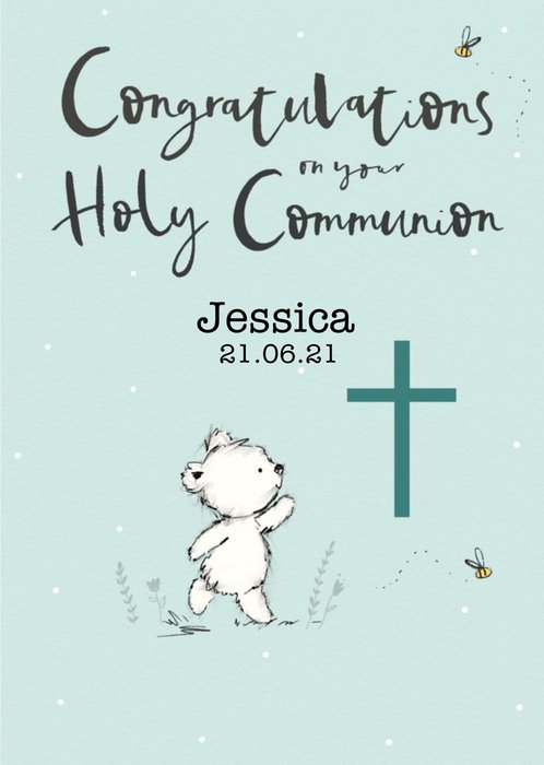Cute Illustration Of A Bear On A Light Blue Background Holy Communion Card