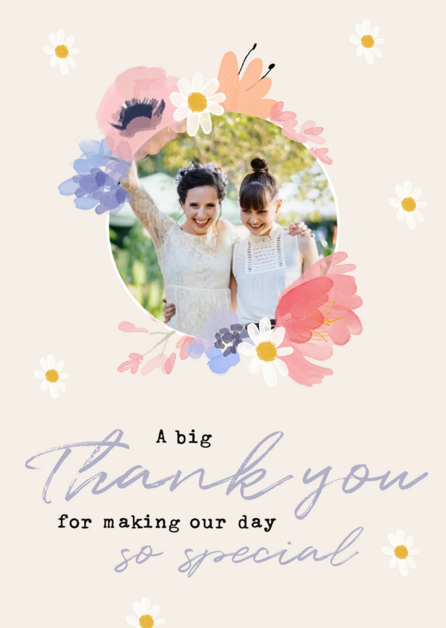 Water Colour Flower Illustration Photo Upload Wedding Thank You Ecard