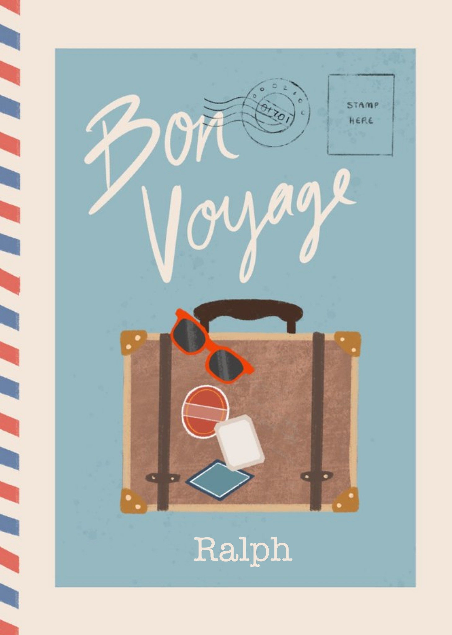 Moonpig Millicent Venton Illustrated Suitcase And Sunglasses. Bon Voyage Airmail Card Ecard