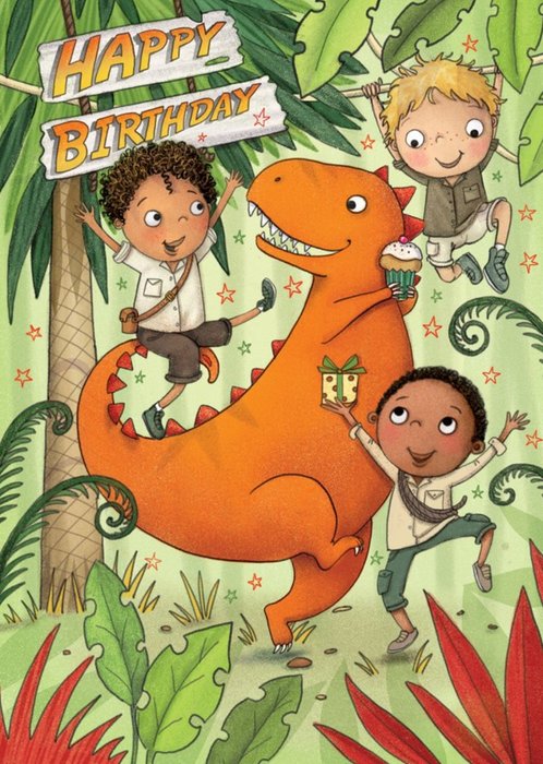 Dinosaur and Boys Birthday Card